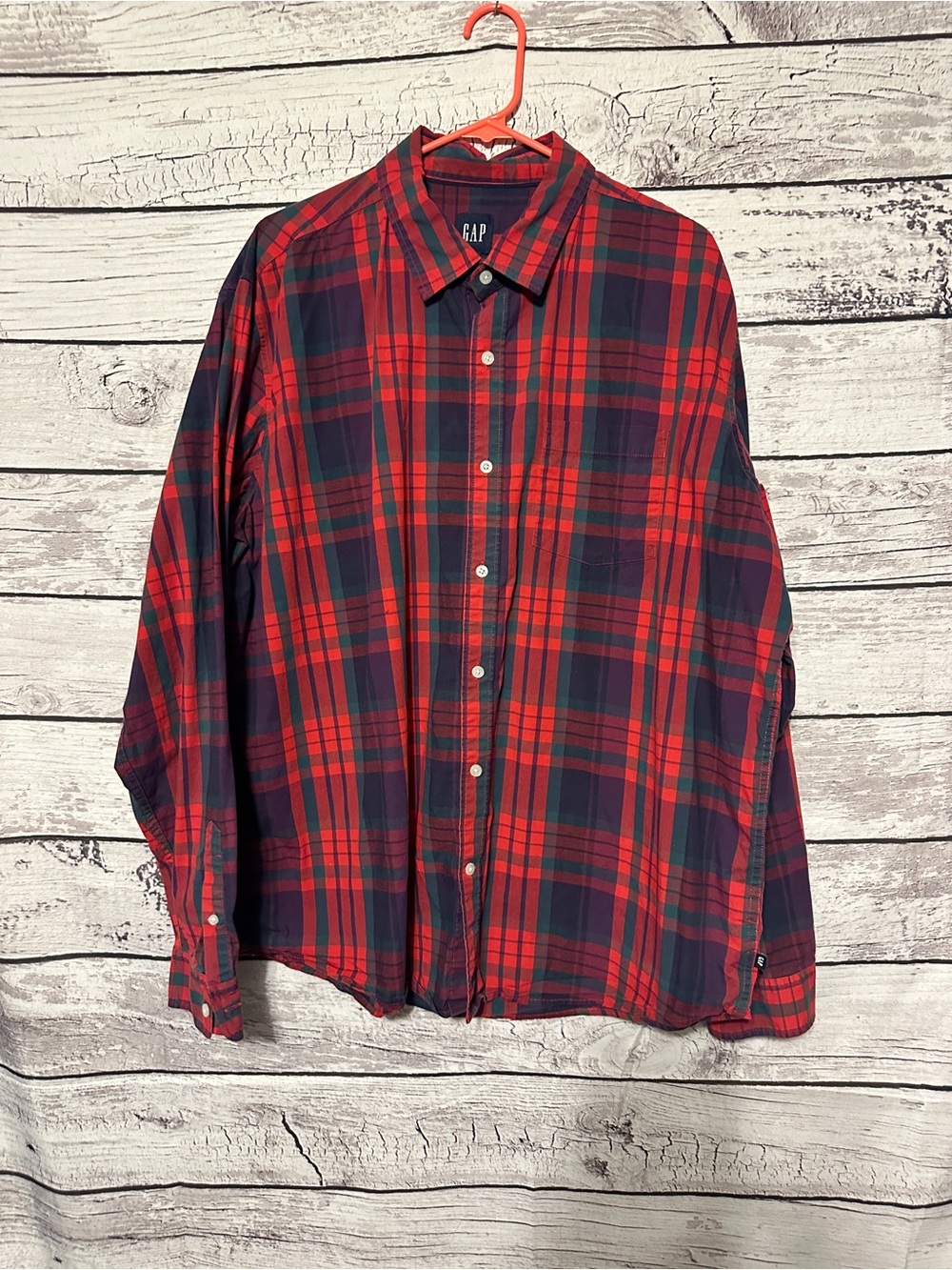 GAP Red Navy Green Plaid Button Down Shirt XXL Cotton Stretch